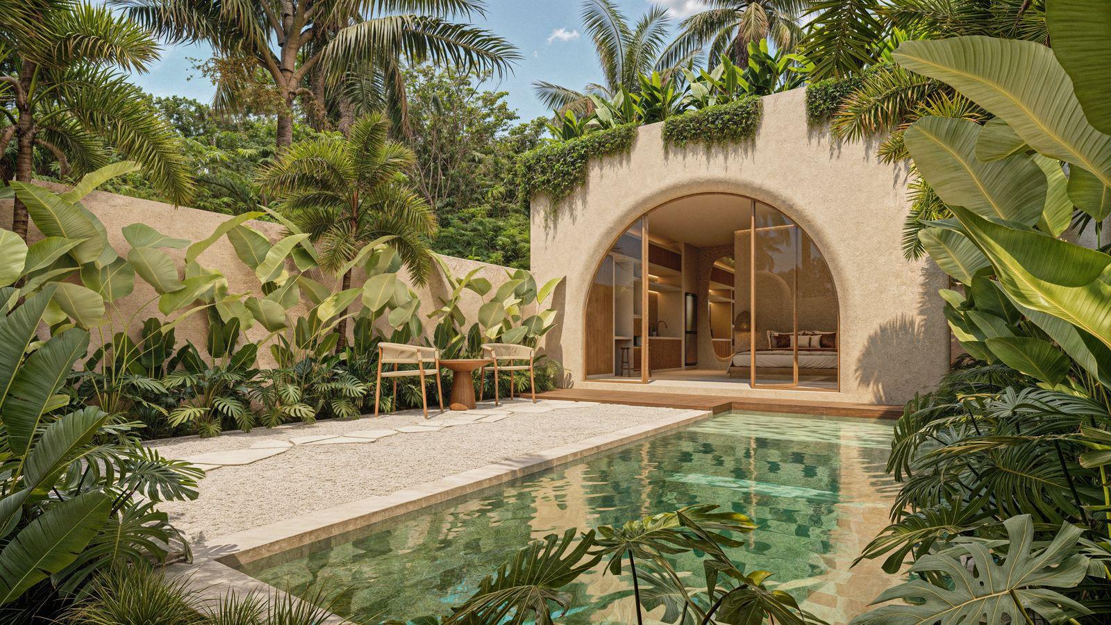 Villa mit Bogenfenster und privatem Pool zwischen tropischen Pflanzen, Visualisierung