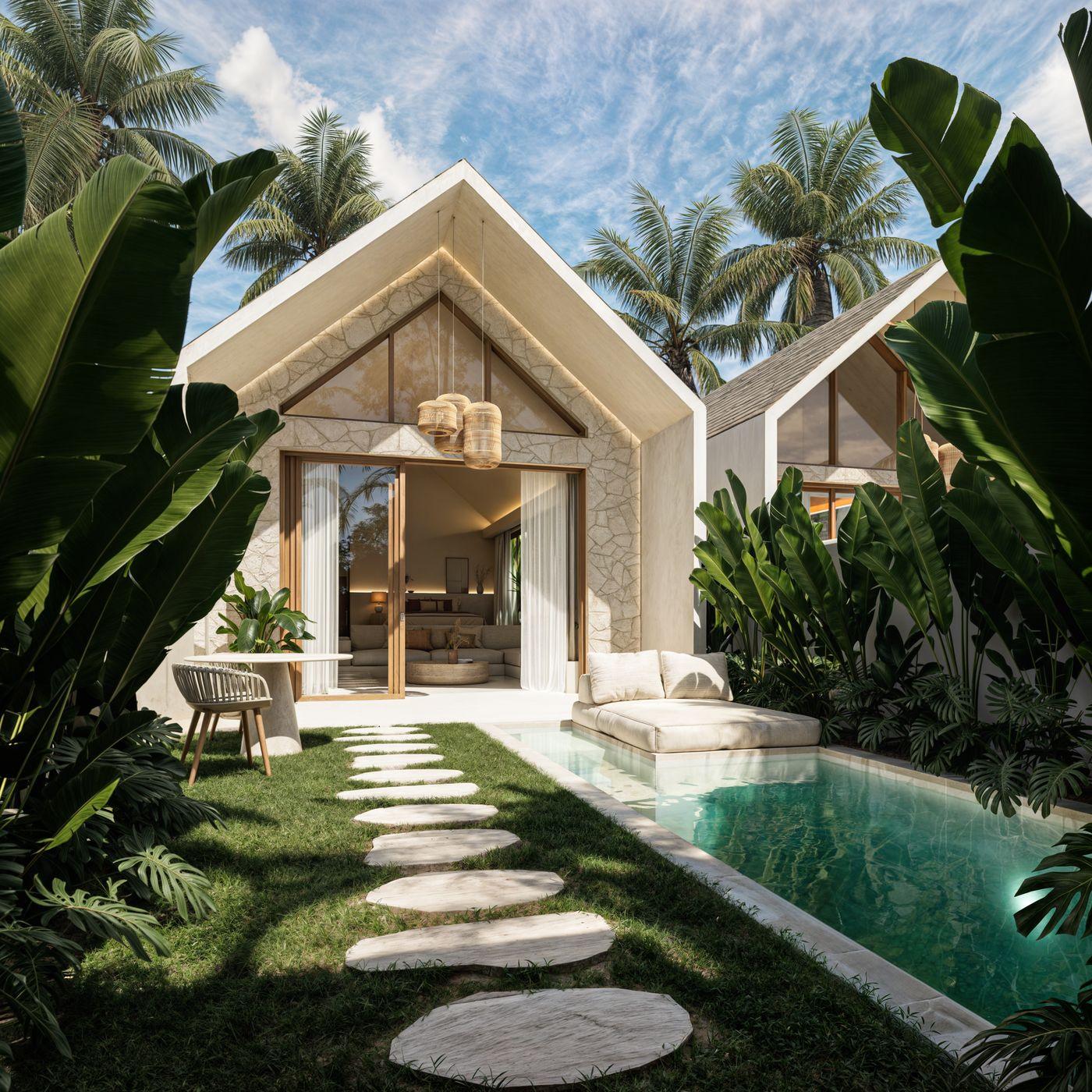 Villa mit Giebeldach, Naturstein und Pool im Garten, Visualisierung