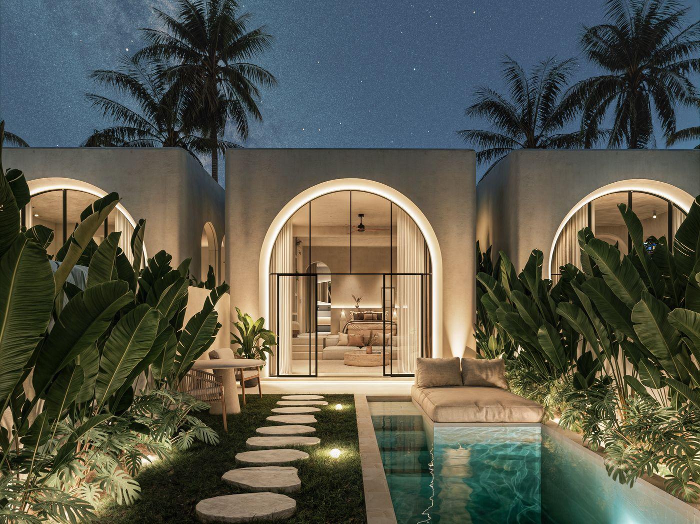 Beleuchteter Pool und Terrasse bei Nacht vor einer Villa mit Bogenfenstern, Visualisierung