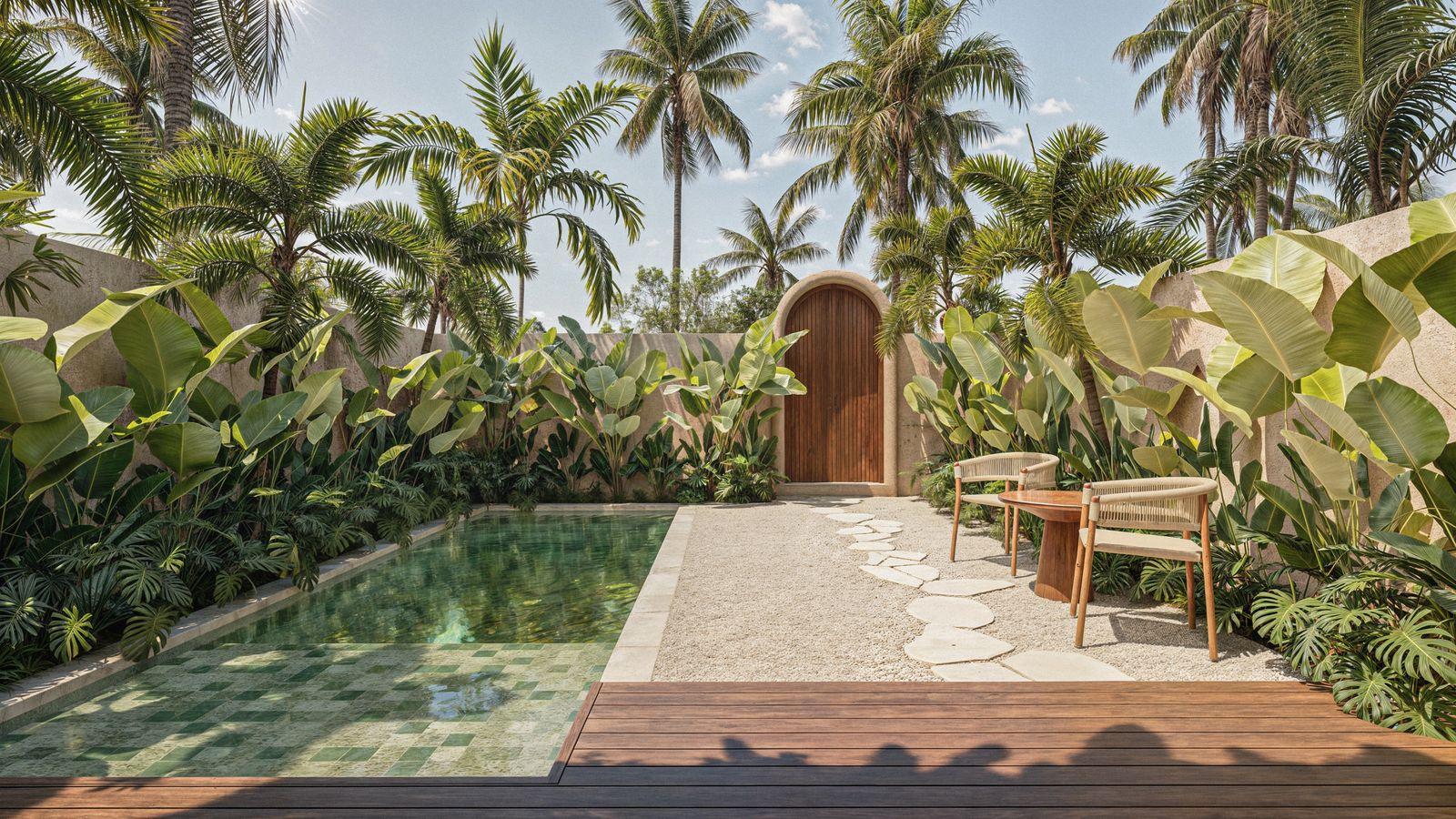 Pool im Garten zwischen Palmen und großen Blättern, Visualisierung